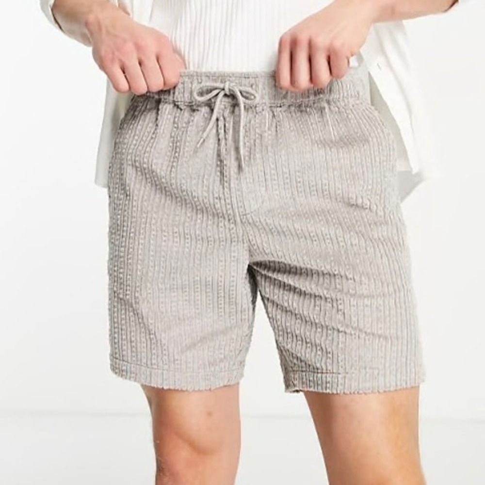ASOS Waffle Corduroy Shorts Mens S Gray Slim Fit Drawstring Pockets Minimalist